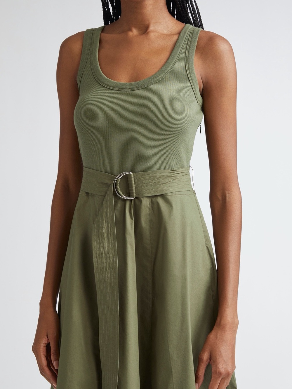 Veronica Beard Ennis Mixed Media Belted Midi Dress Stone Army Green